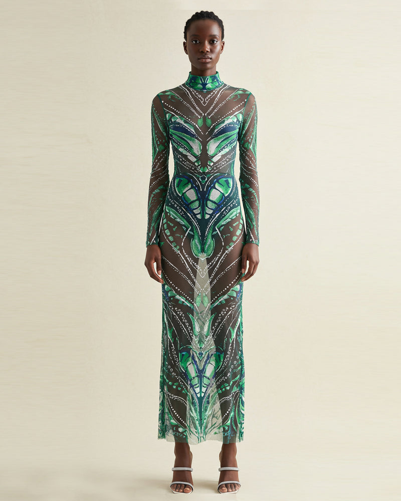Sheer Maxi Mesh Dress with Green Butterfly Pattern - Green/Blue