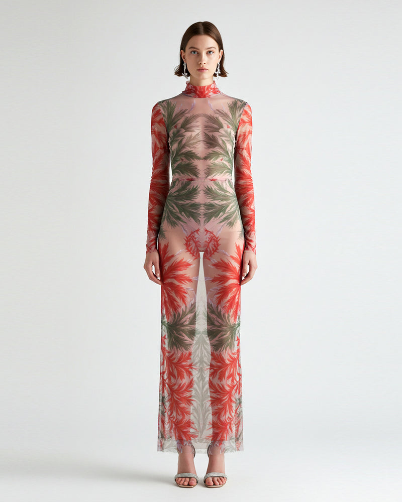 Floral Printed Mesh Dress - Red/Green