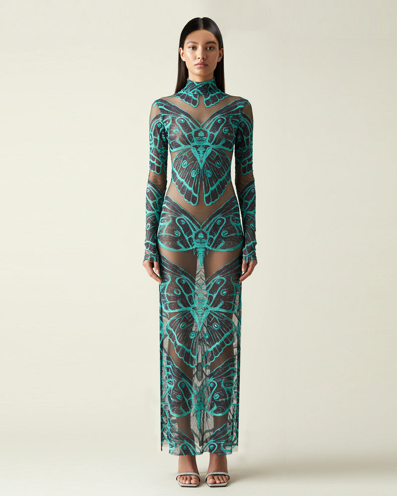 Butterfly Printed Mesh Dress - Green