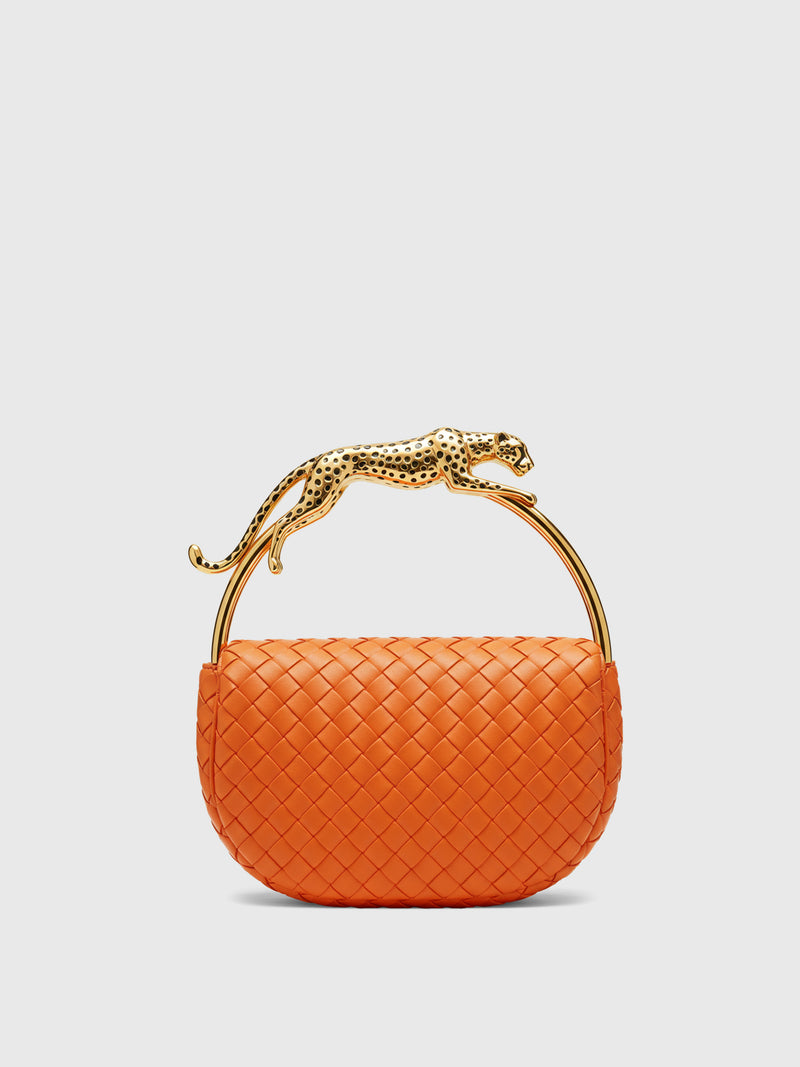 Sophia Woven Shoulder Bag with Leopard Handle - Orange