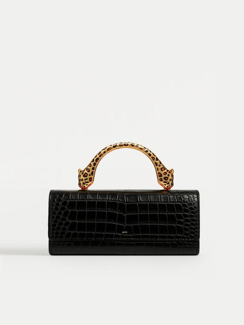 Alice Crocodile Embossed Bag with Leopard Handles - Black