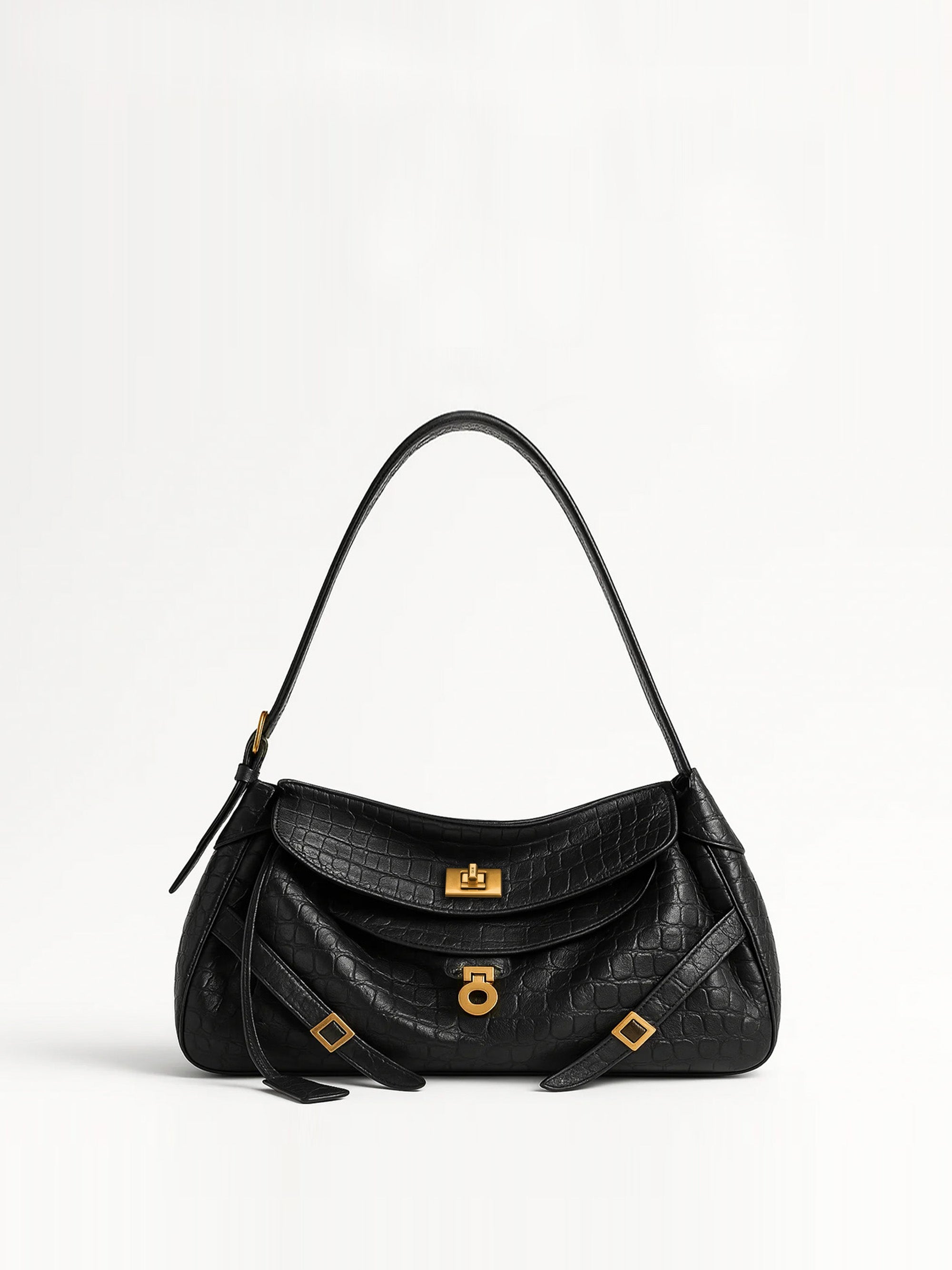 Amelia Croc-Embossed Shoulder Bag - Black