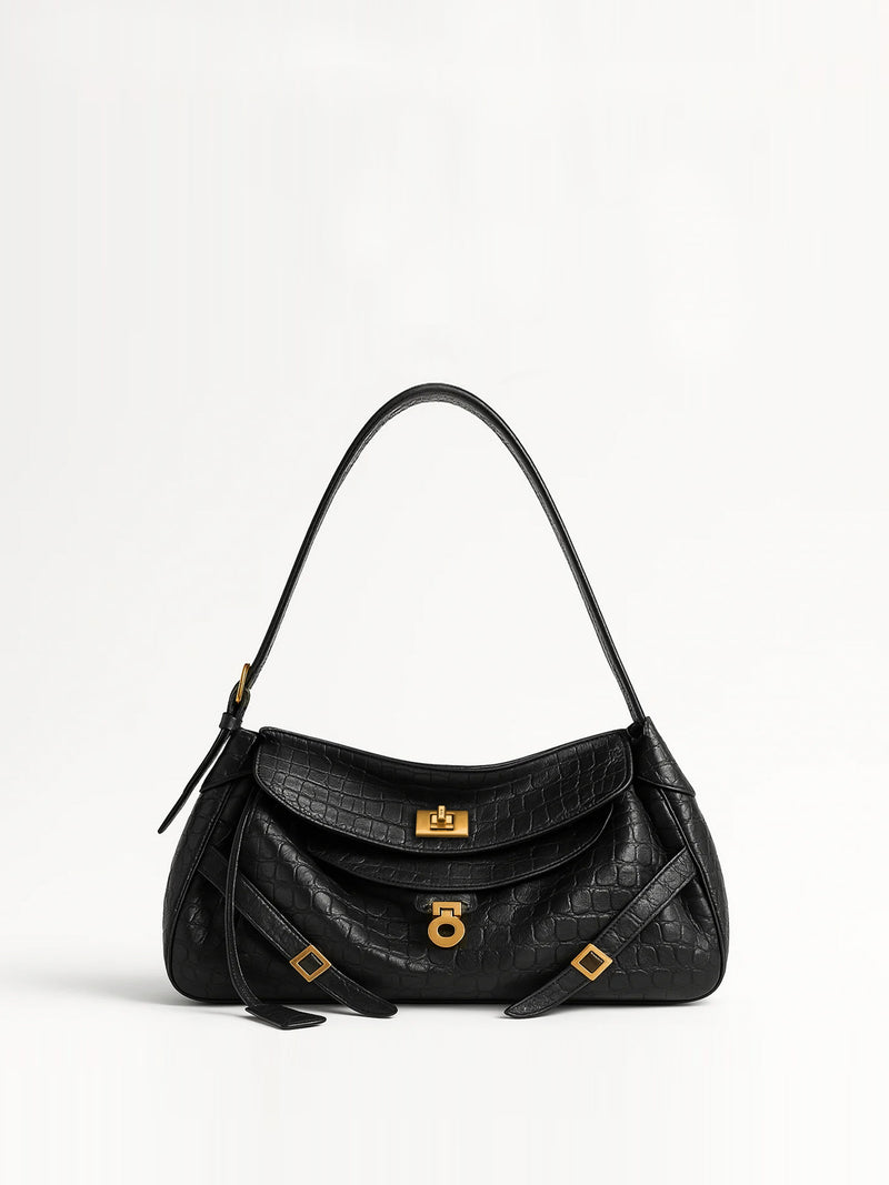 Amelia Croc-Embossed Shoulder Bag - Black