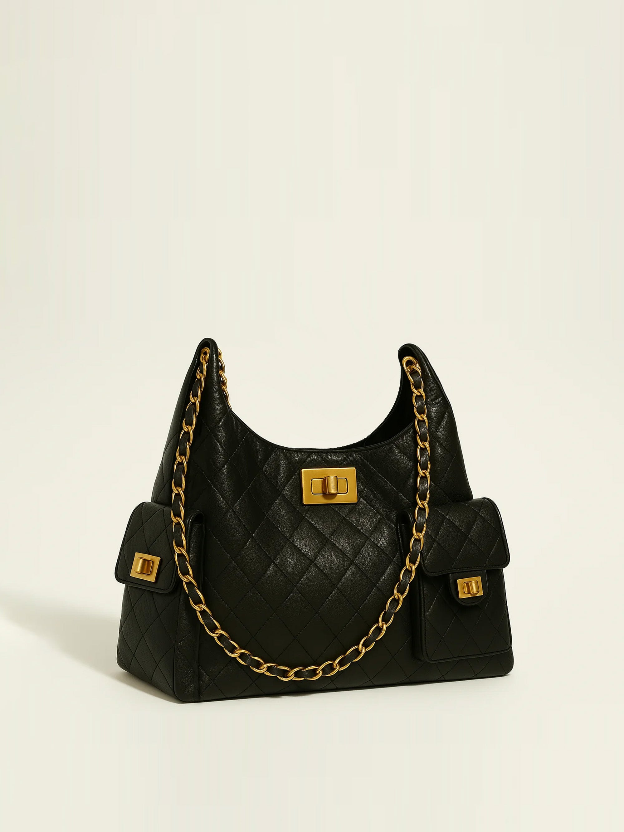 Willow Quilted Shoulder Bag with Chain Strap - Black