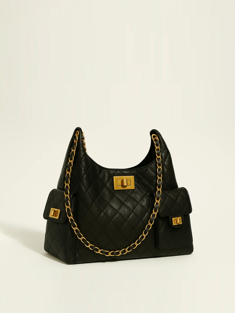 Willow Quilted Shoulder Bag with Chain Strap - Black