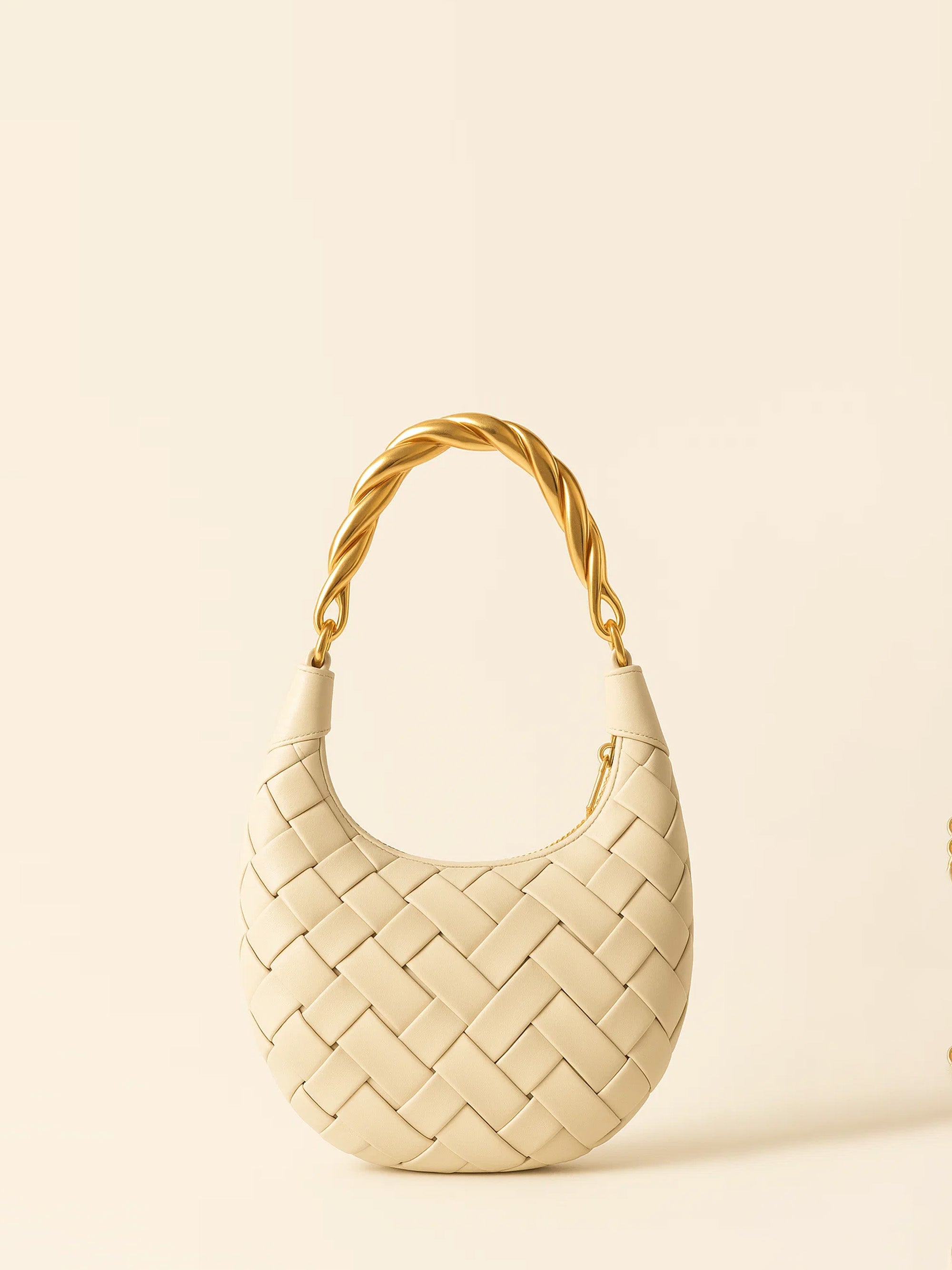 Adeline Woven Shoulder Bag with Twisted Handle - Cream