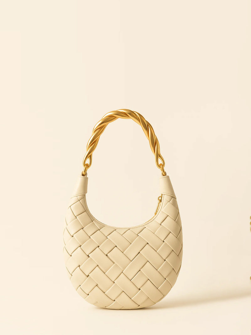 Adeline Woven Shoulder Bag with Twisted Handle - Cream