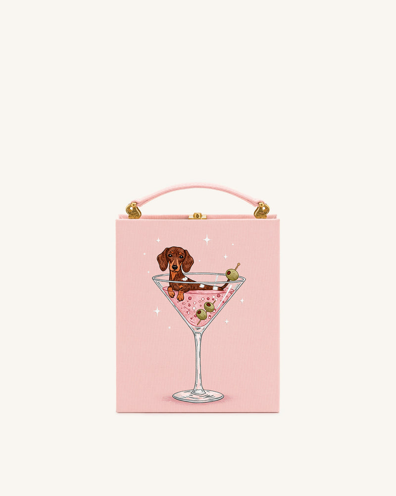 Aurora Dachshund in Martini Glass Embroidered Box Bag - Pink