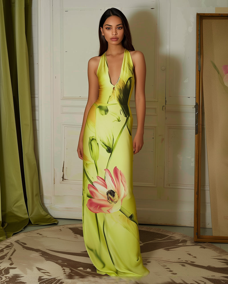 Floral Satin Halter Dress - Yellow/Pink