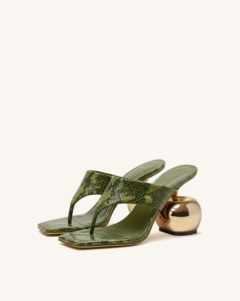 Maya Snakeskin Thong Heel Mules - Green