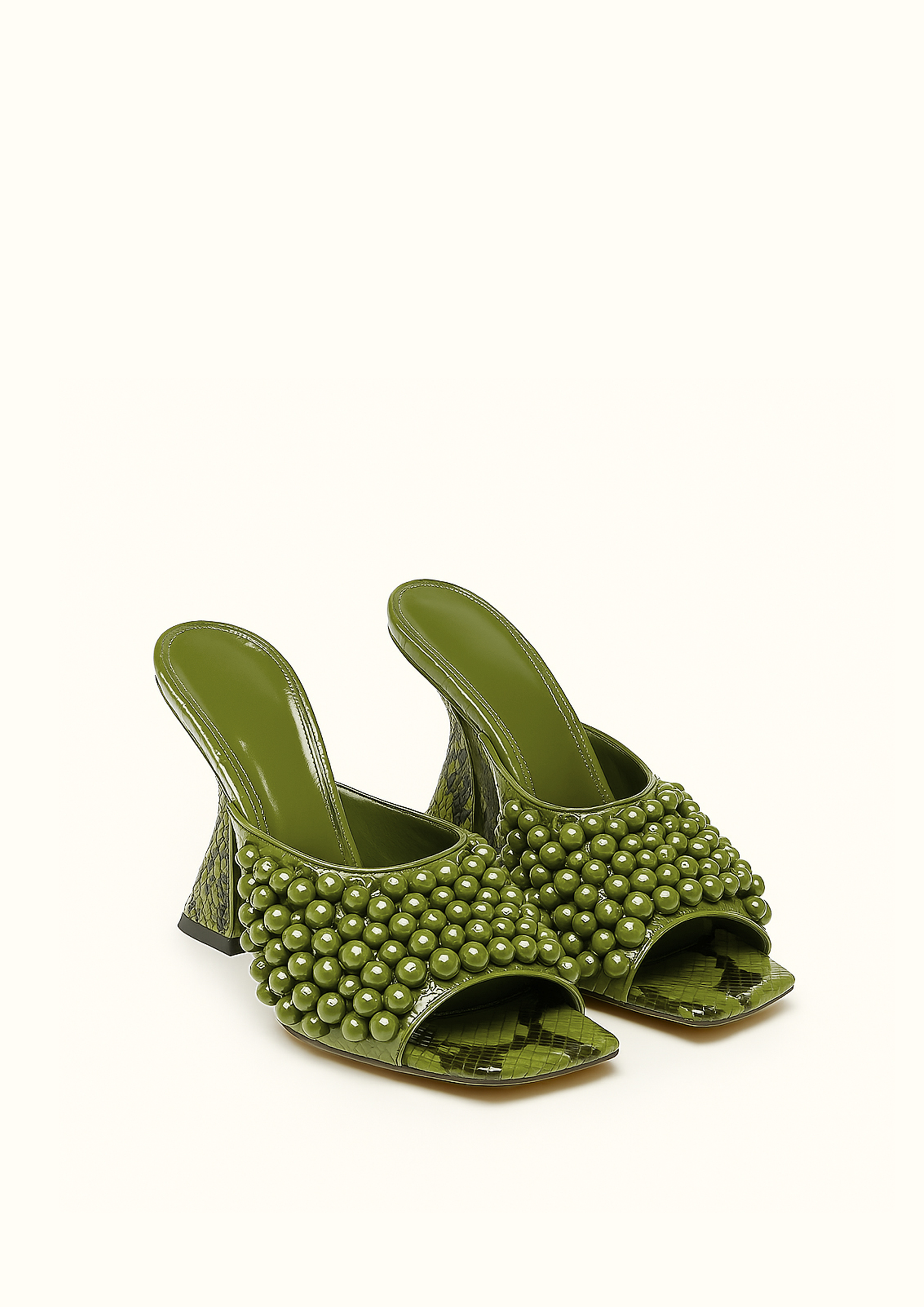 Clarisse Pearl Embellished Heeled Mules - Green