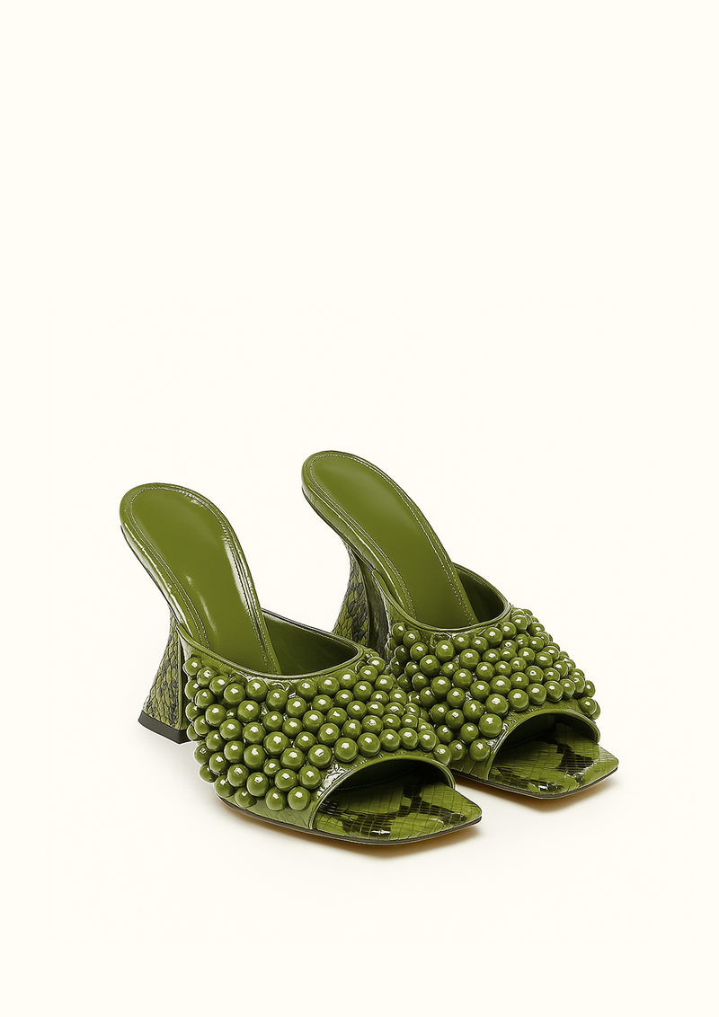 Clarisse Pearl Embellished Heeled Mules - Green