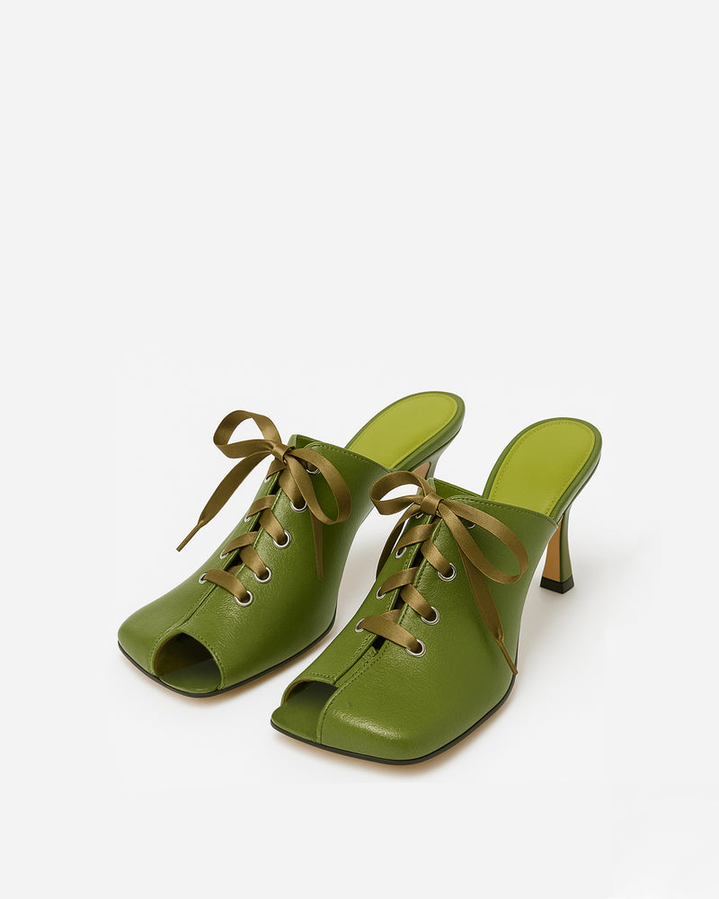 Bella Lace-Up Heeled Mules - Green