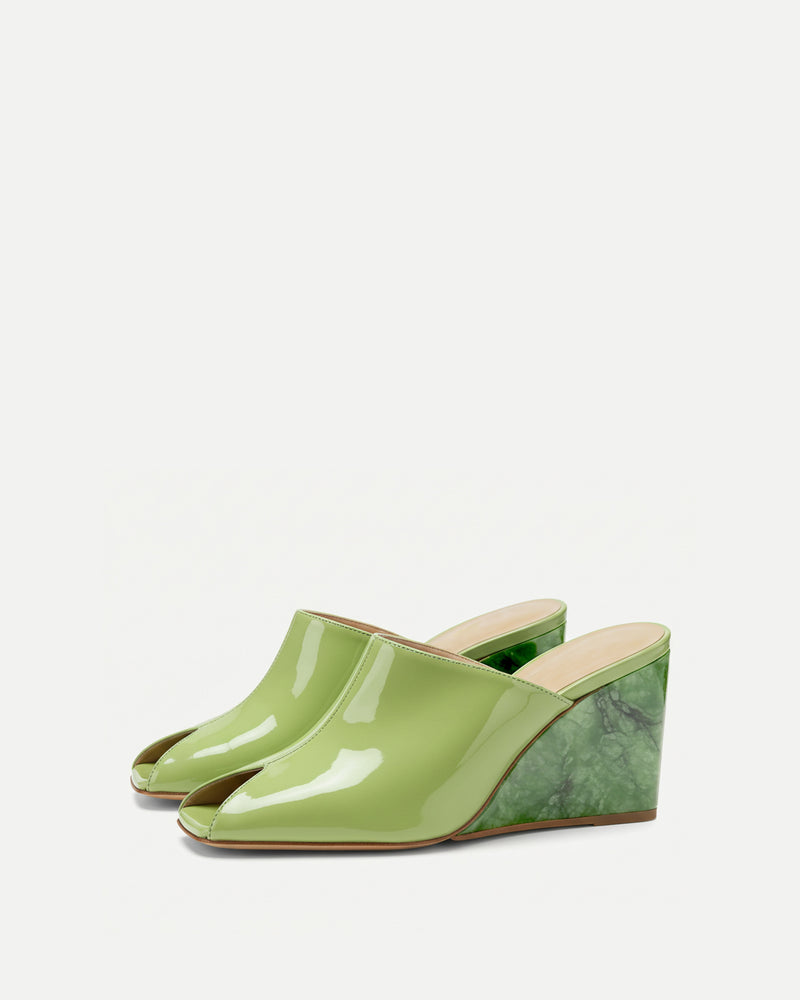 Caroline Glossy Mules with Marble Heel - Light Green