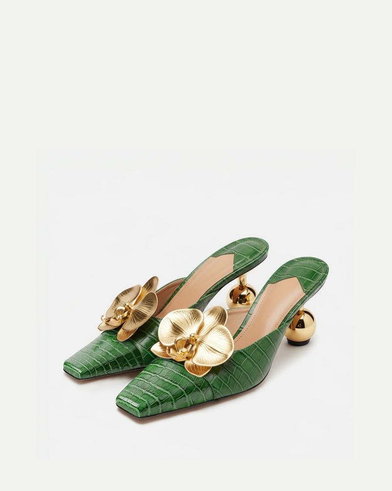 Violet Crocodile Print Mules with Orchid Heel - Green