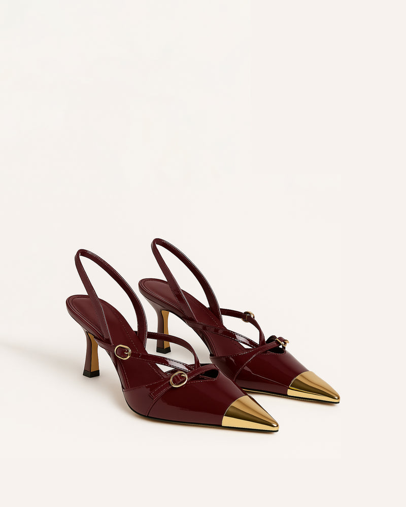 Ellie Gold Cap Toe Slingback Heels - Burgundy