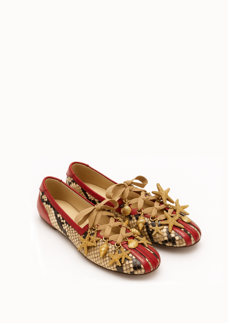 Layla Snakeskin Ballet Flats with Charms - Red