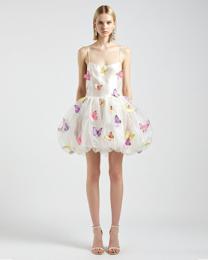Embroidered Butterfly Appliqué Bubble Dress - White