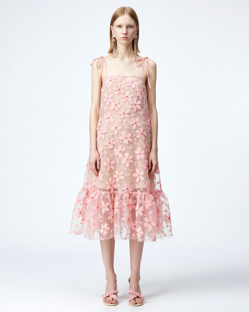 Floral Embroidered Strap Dress - Pink