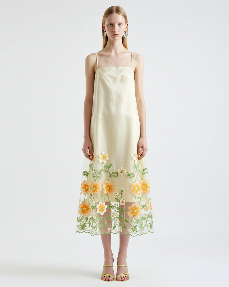 Floral Embroidered Slip Dress - Yellow