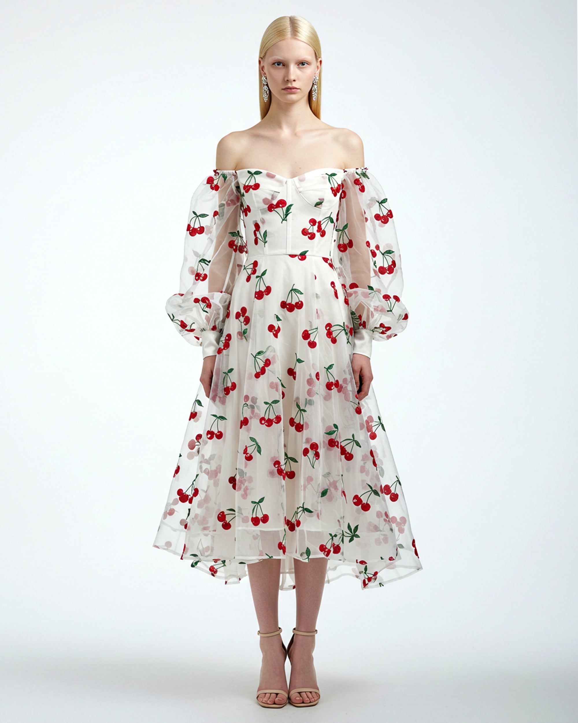 Cherry Embroidered Off-Shoulder Dress - White