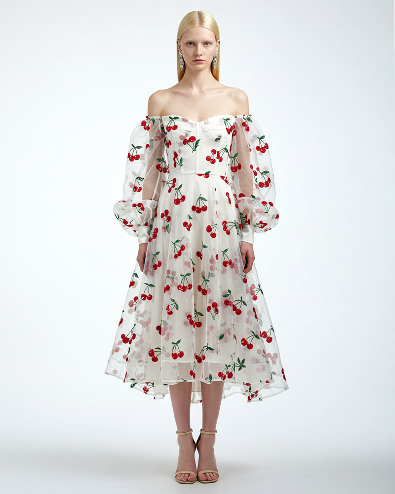 Cherry Embroidered Off-Shoulder Dress - White