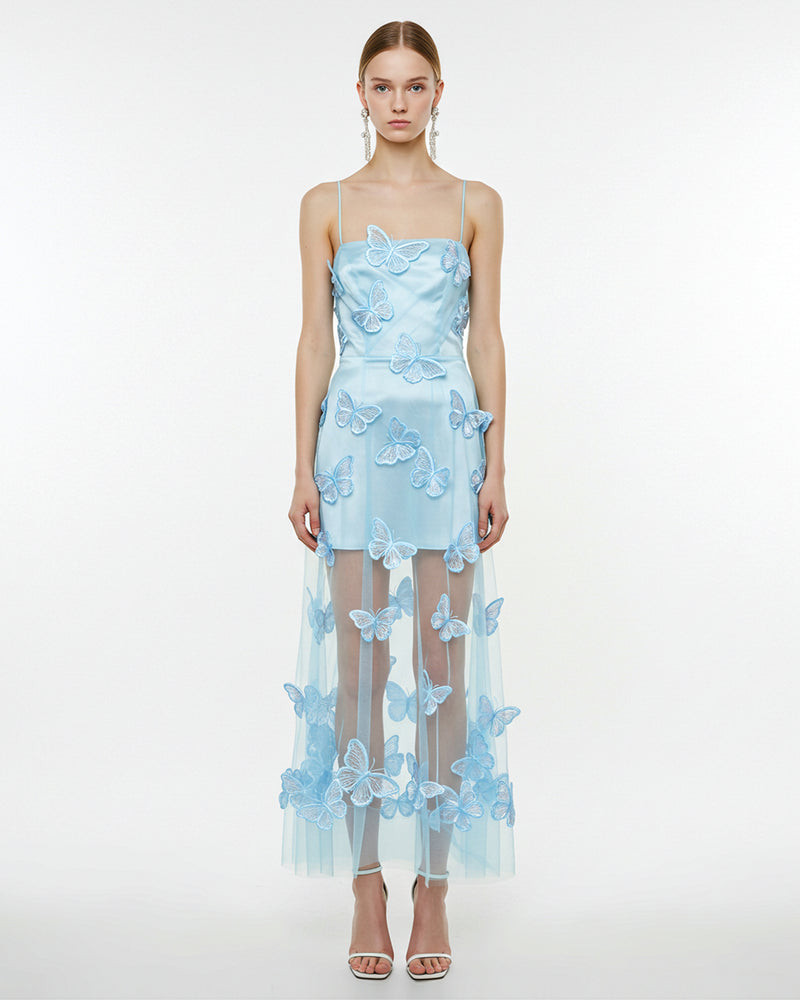 Butterfly Embroidered Strap Dress - Blue