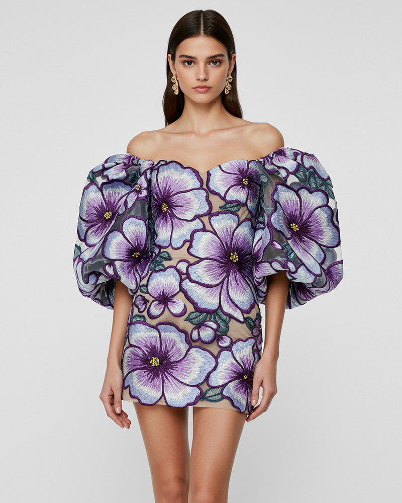 Floral Puff Sleeve Mini Dress - Purple