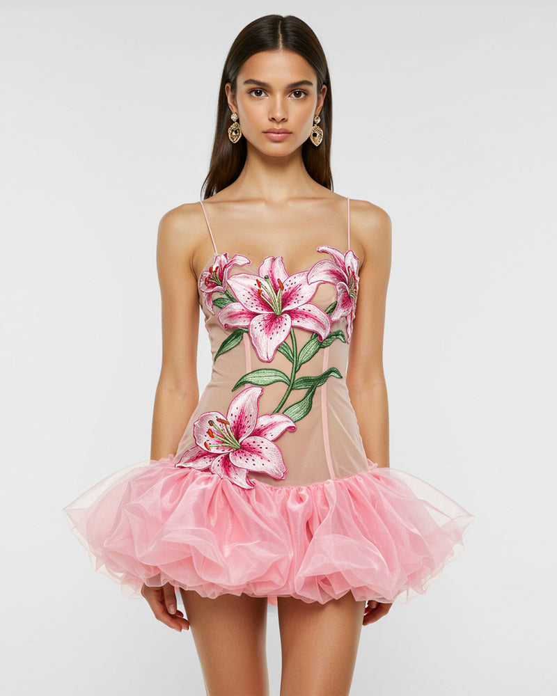 Floral Sling Ballon Hem Mini Dress - Pink