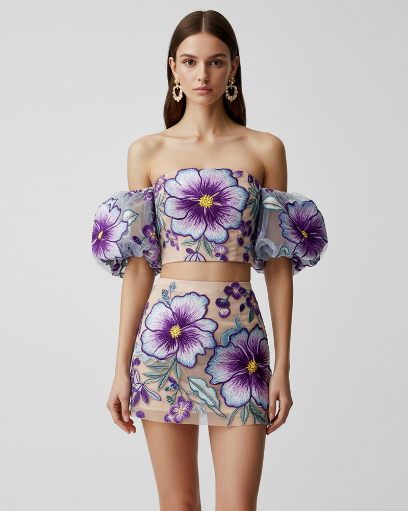 Floral Puff Sleeve Two Pieces Set - Purple/Blue