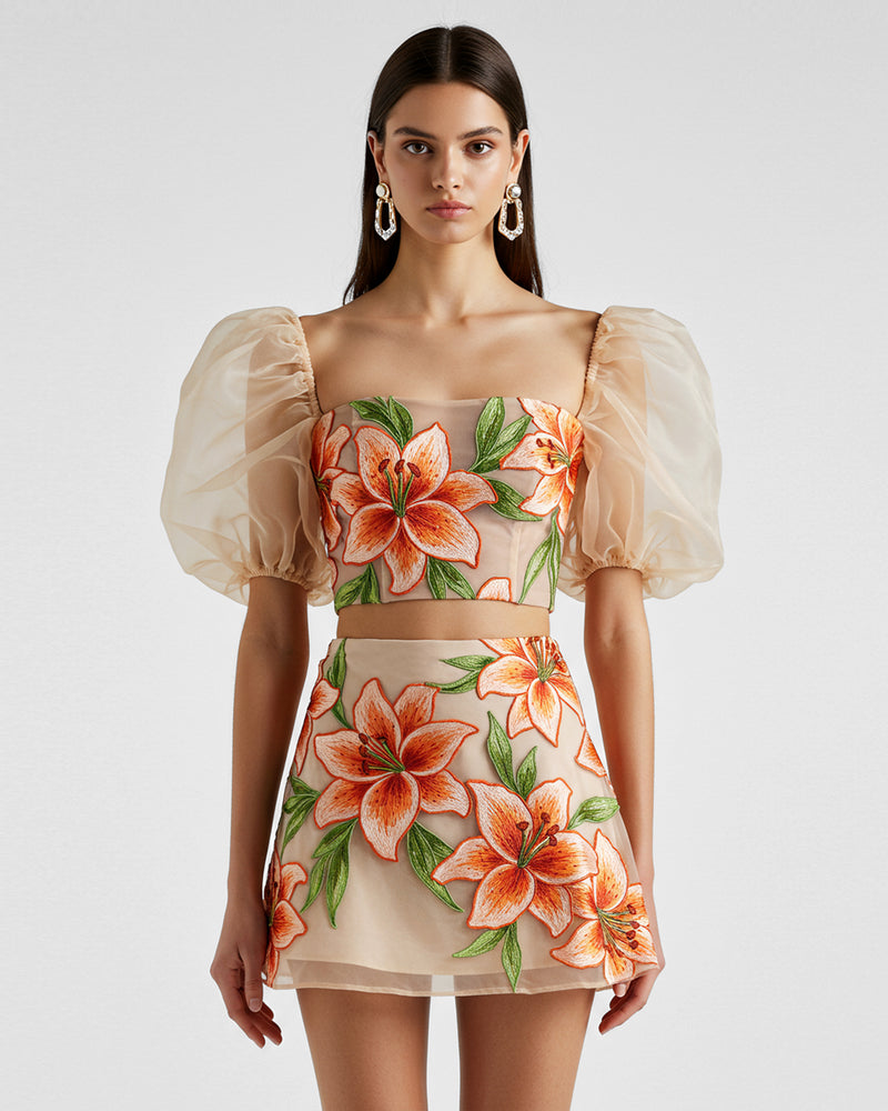 Floral Puff Sleeve Two Pieces Set - Beige/Orange/Green