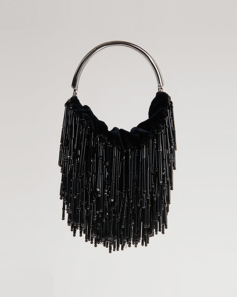 Zoey Velvet Fringe Handle Bag - Black