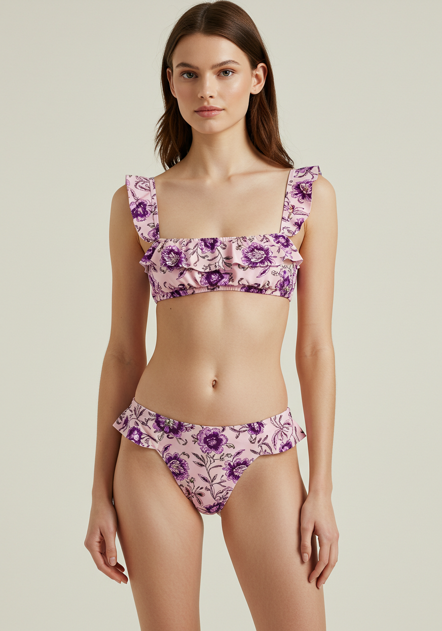 Ruffled Floral Bikini Set - Pink/Purple