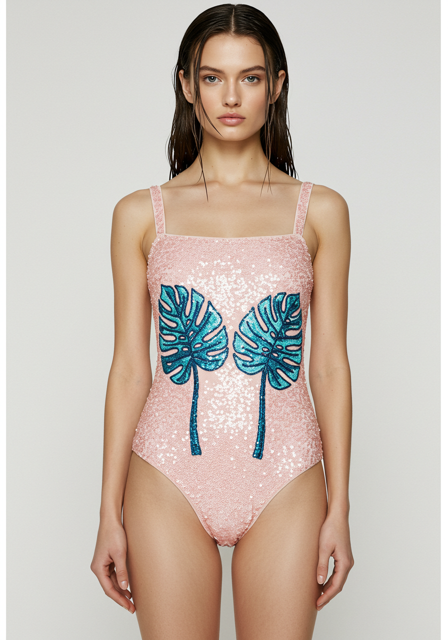 Sequin Monstera One-Piece Swimsuit - Pink/Blue