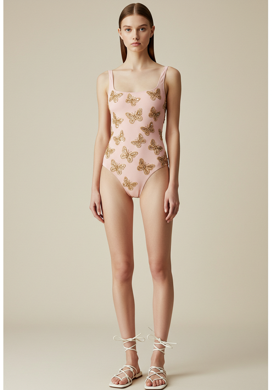 Butterfly Embellished One-Piece Swimsuit - Pink/Gold