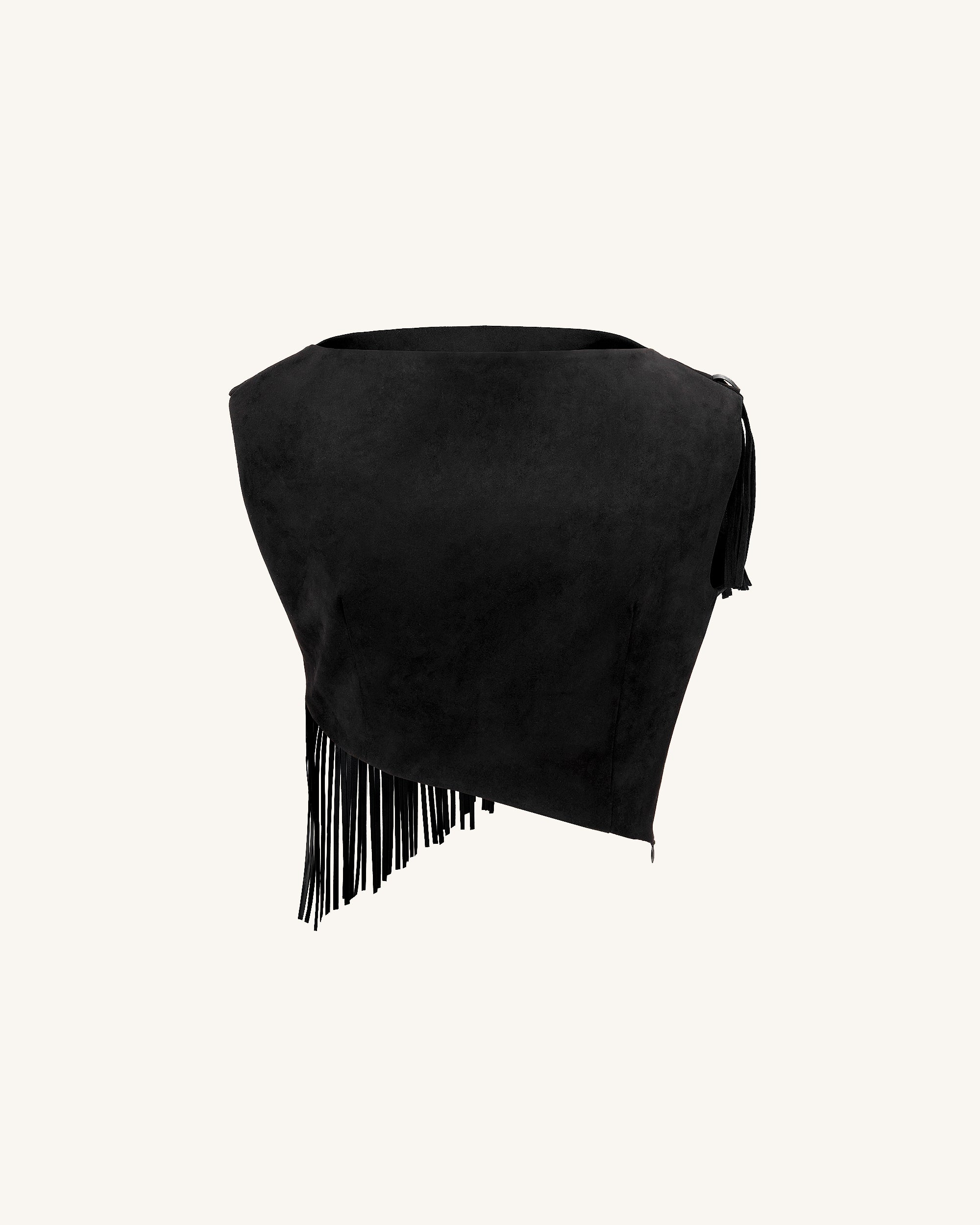 Ariana Asymmetric Fringe Sueded Top - Black | JW PEI