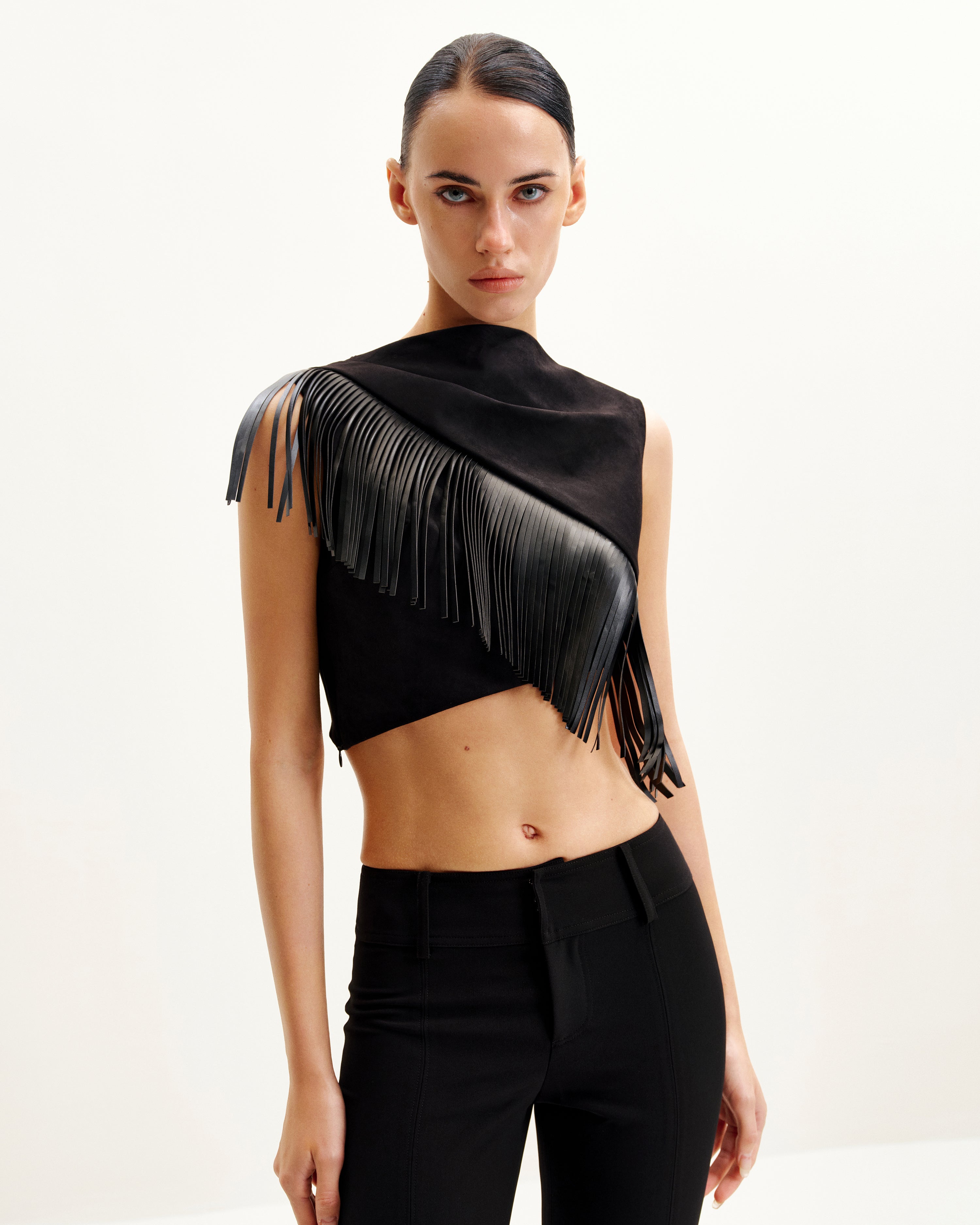 Ariana Asymmetric Fringe Sueded Top - Black | JW PEI