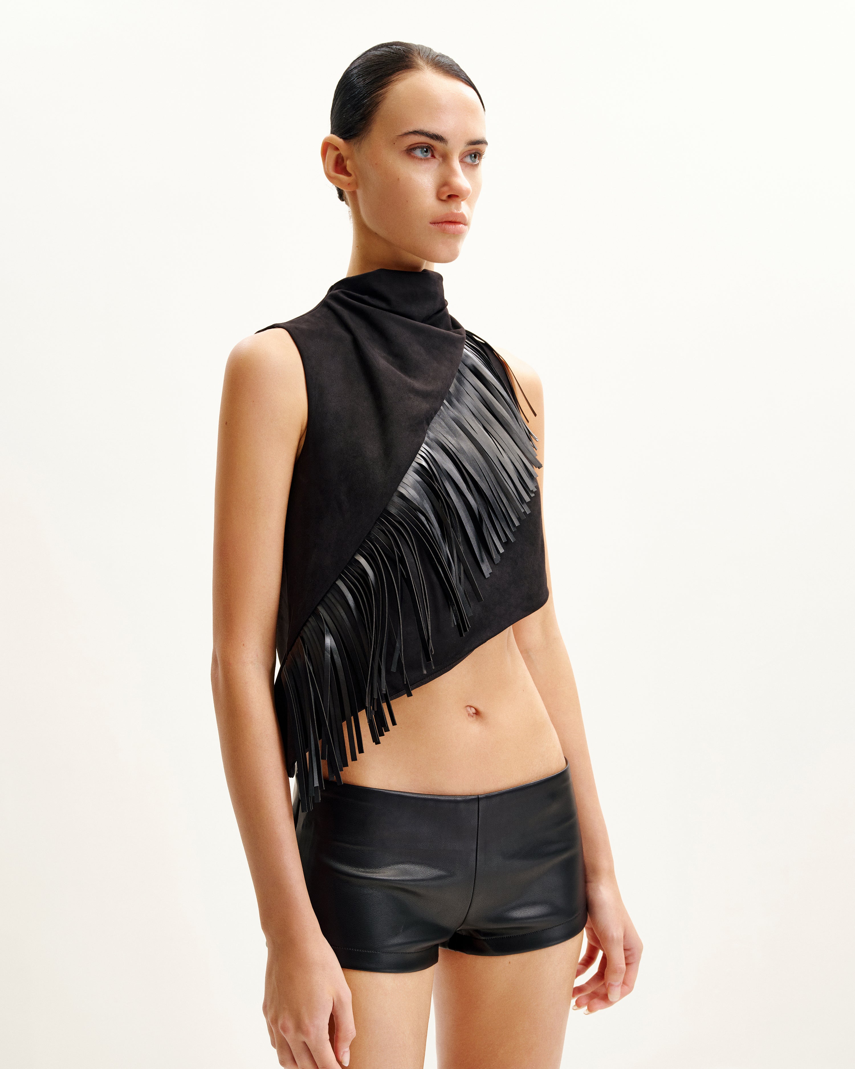 Adeline Asymmetric Fringe Sueded Top - Black | JW PEI