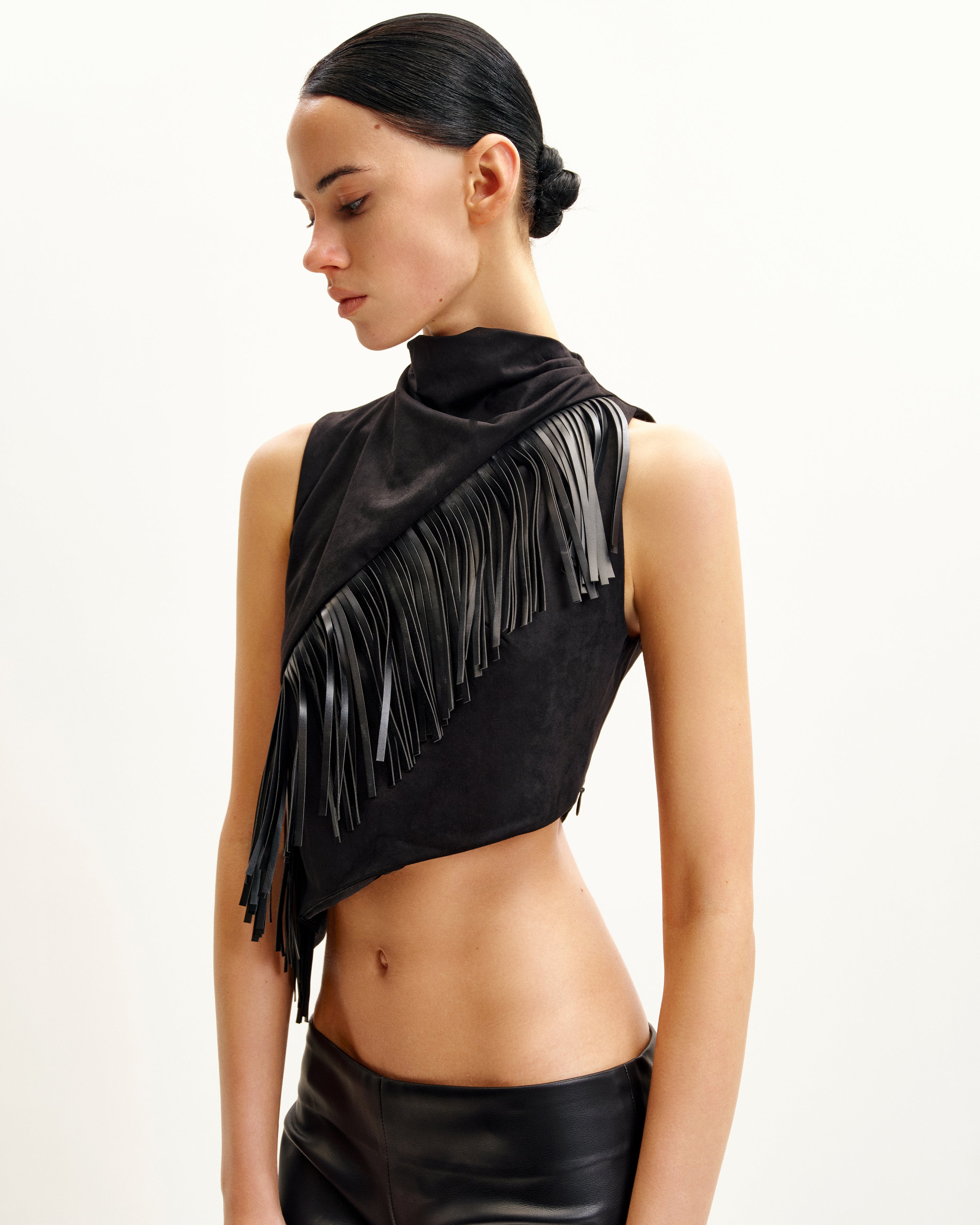 Adeline Asymmetric Fringe Sueded Top - Black | JW PEI