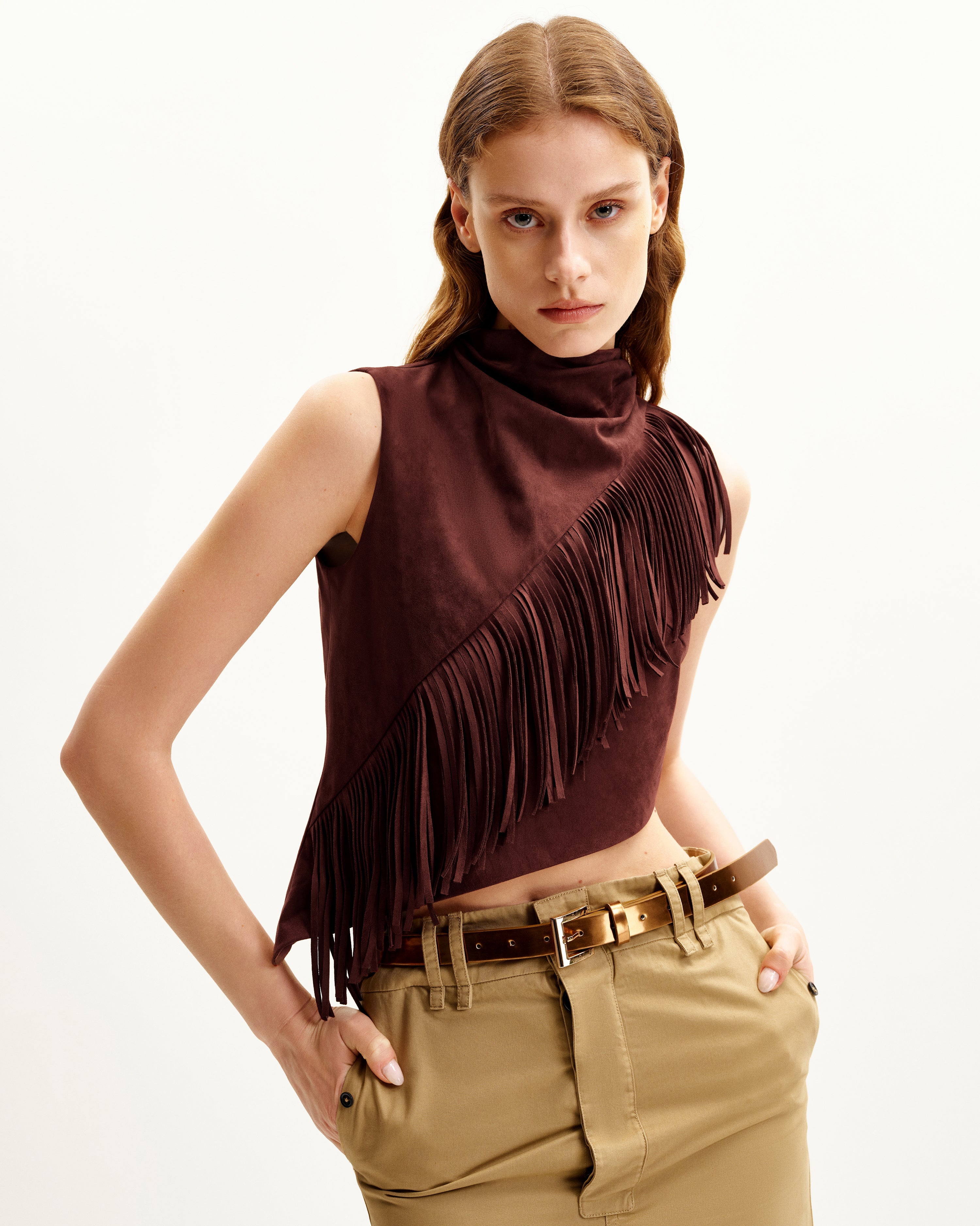 Adeline Asymmetric Fringe Sueded Top - Burgundy | JW PEI