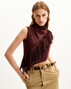 Adeline Asymmetric Fringe Sueded Top - Burgundy