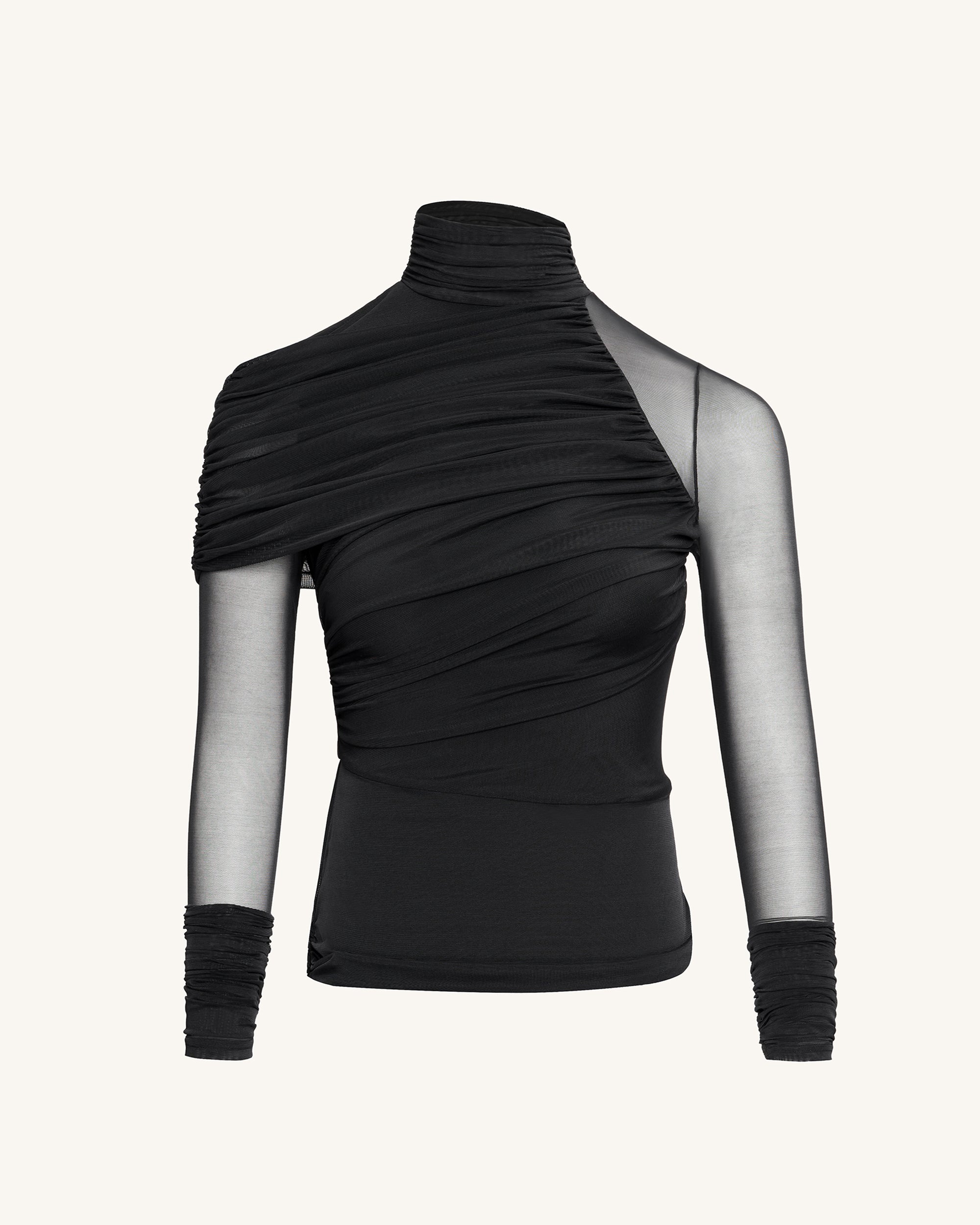 Ella Sheer Ruched Turtleneck Top Black - Main Image