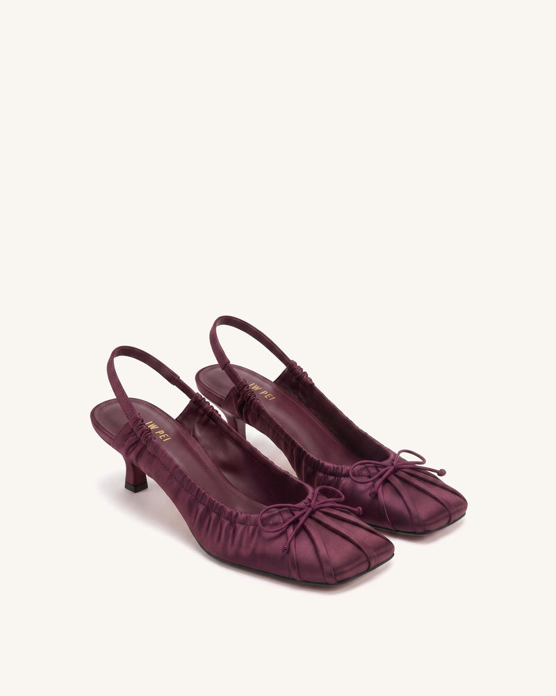Solenne Satin Bow Ruched Slingback Pumps - Burgundy