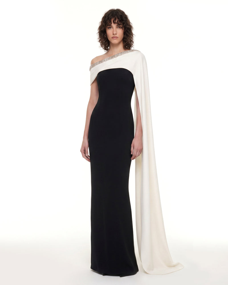 Crystal-Trim Cape Maxi Dress - Black & Ivory