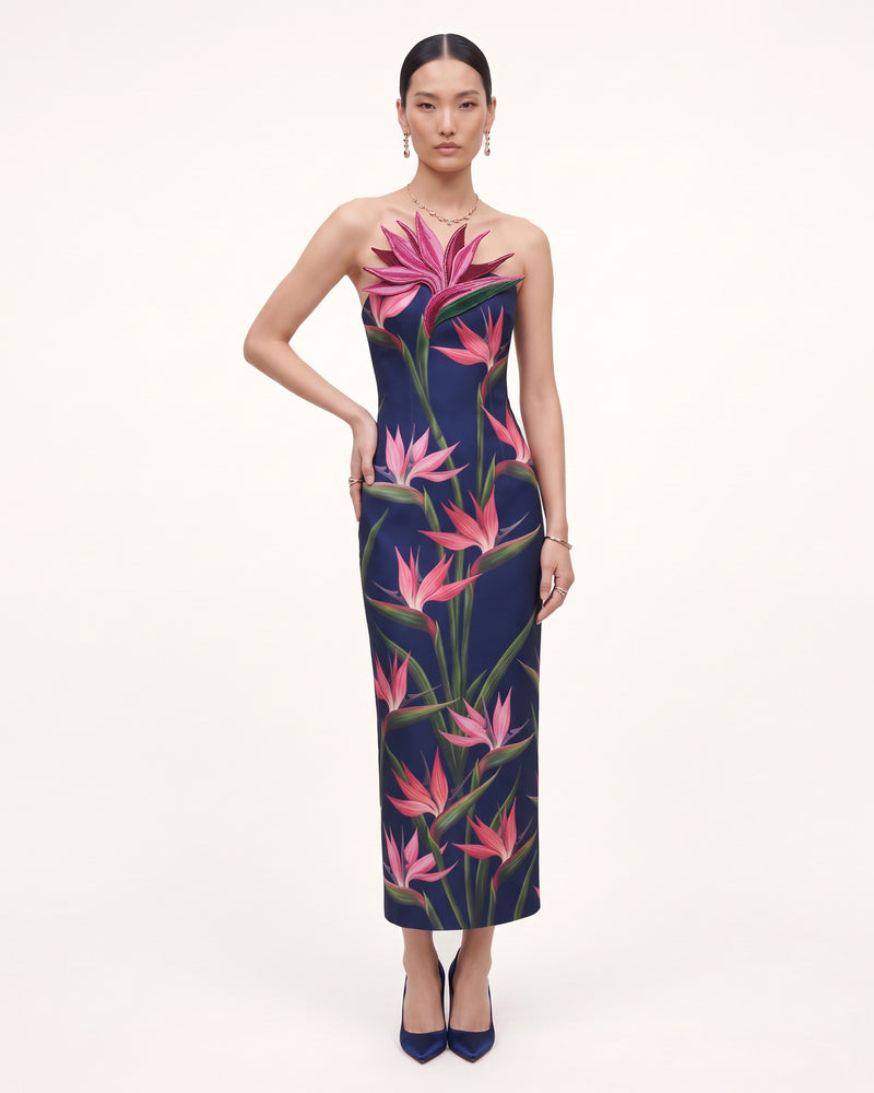 Bird of Paradise Appliqué Strapless Column Midi Dress - Classic Navy