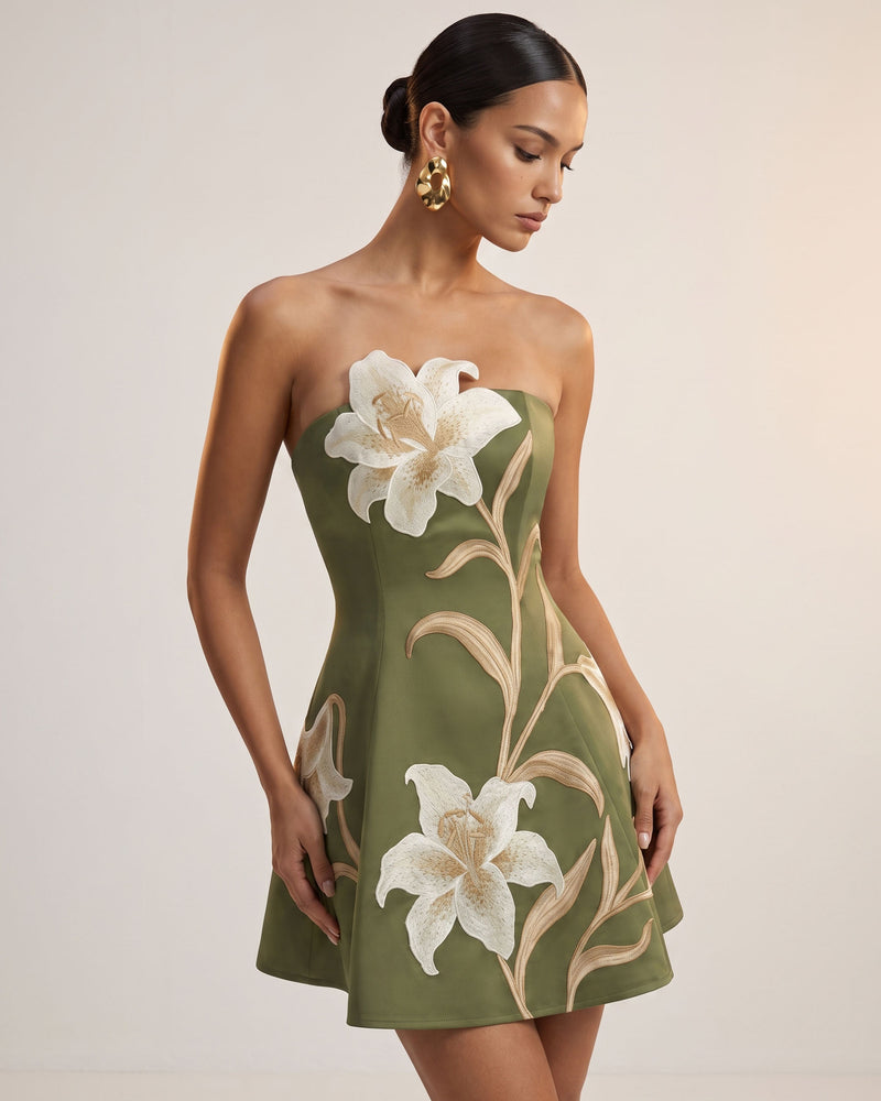 Lily Floral Print Strapless A-Line Mini Dress - Green