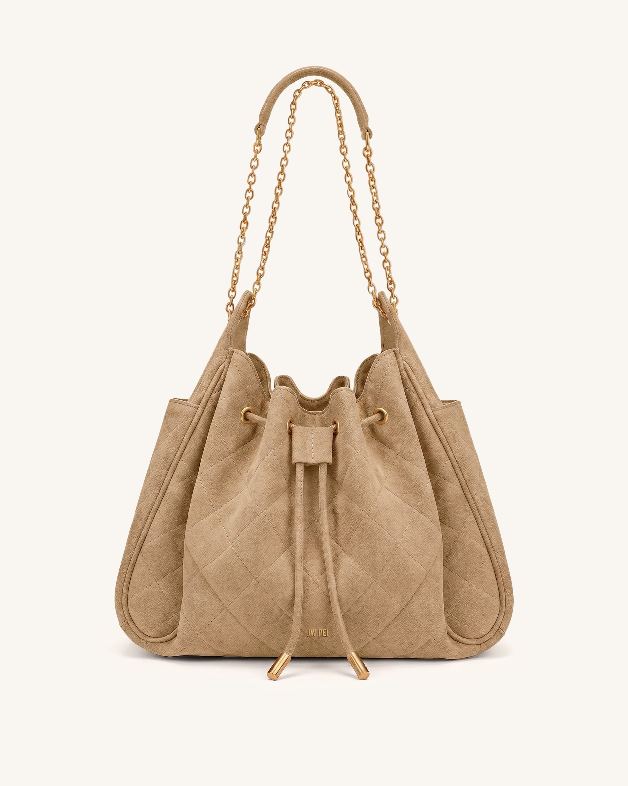 Rowan Faux Suede Quilting Ruched Drawstring Chain Bucket Bag - Coconut Brown