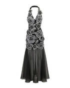 Floral Embroidered Sheer Overlay Maxi Dress - Black