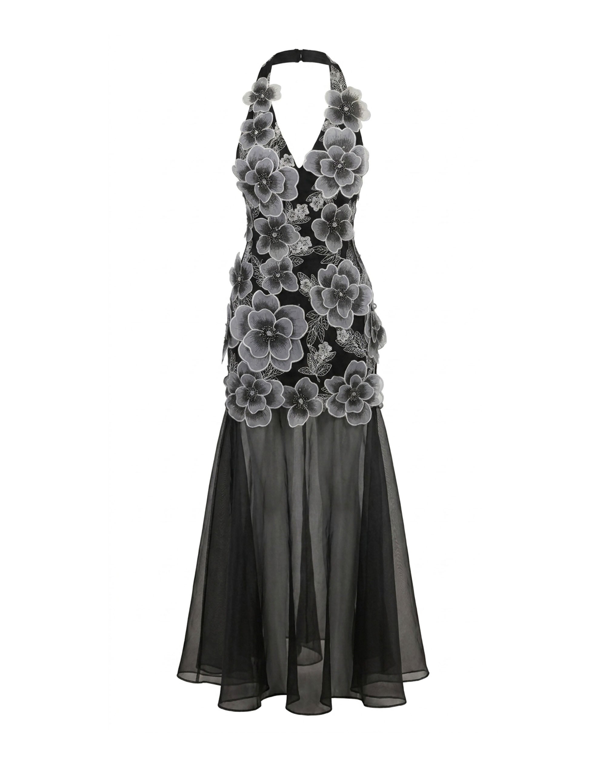 Floral Embroidered Sheer Overlay Maxi Dress - Black