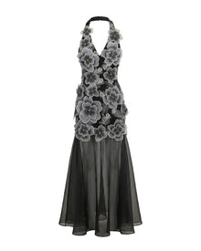 Floral Embroidered Sheer Overlay Maxi Dress - Black